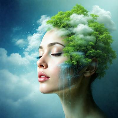 The primary subject of the image is a woman with a tree growing out of her head. The setting is a cloudy sky, and the visual style is a digital art illustration. The colors and mood of the image are predominantly blue and serene, creating a sense of tranquility and wonder.